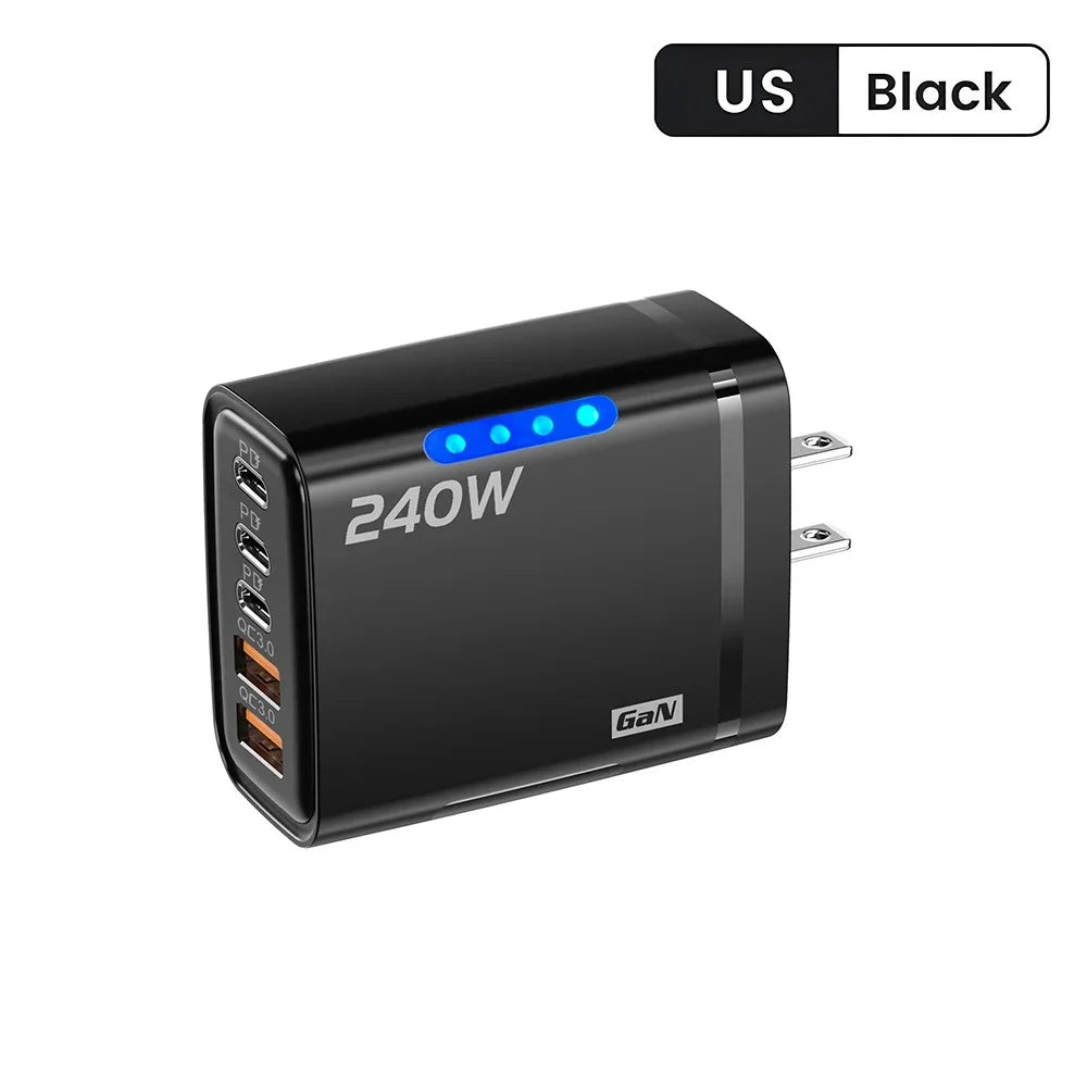 Cargador GaN USB-C 240W 5 en 1 – Carga Rápida para iPhone, Samsung y Xiaomi