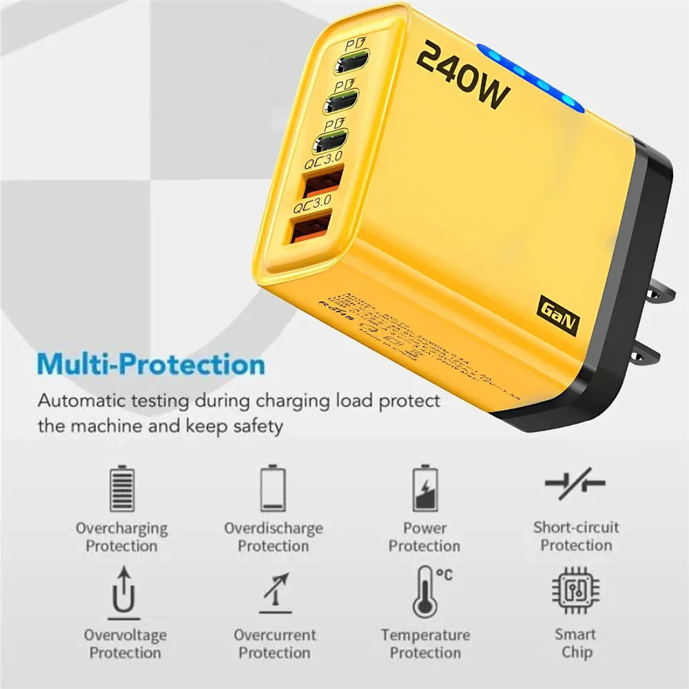 Cargador GaN USB-C 240W 5 en 1 – Carga Rápida para iPhone, Samsung y Xiaomi