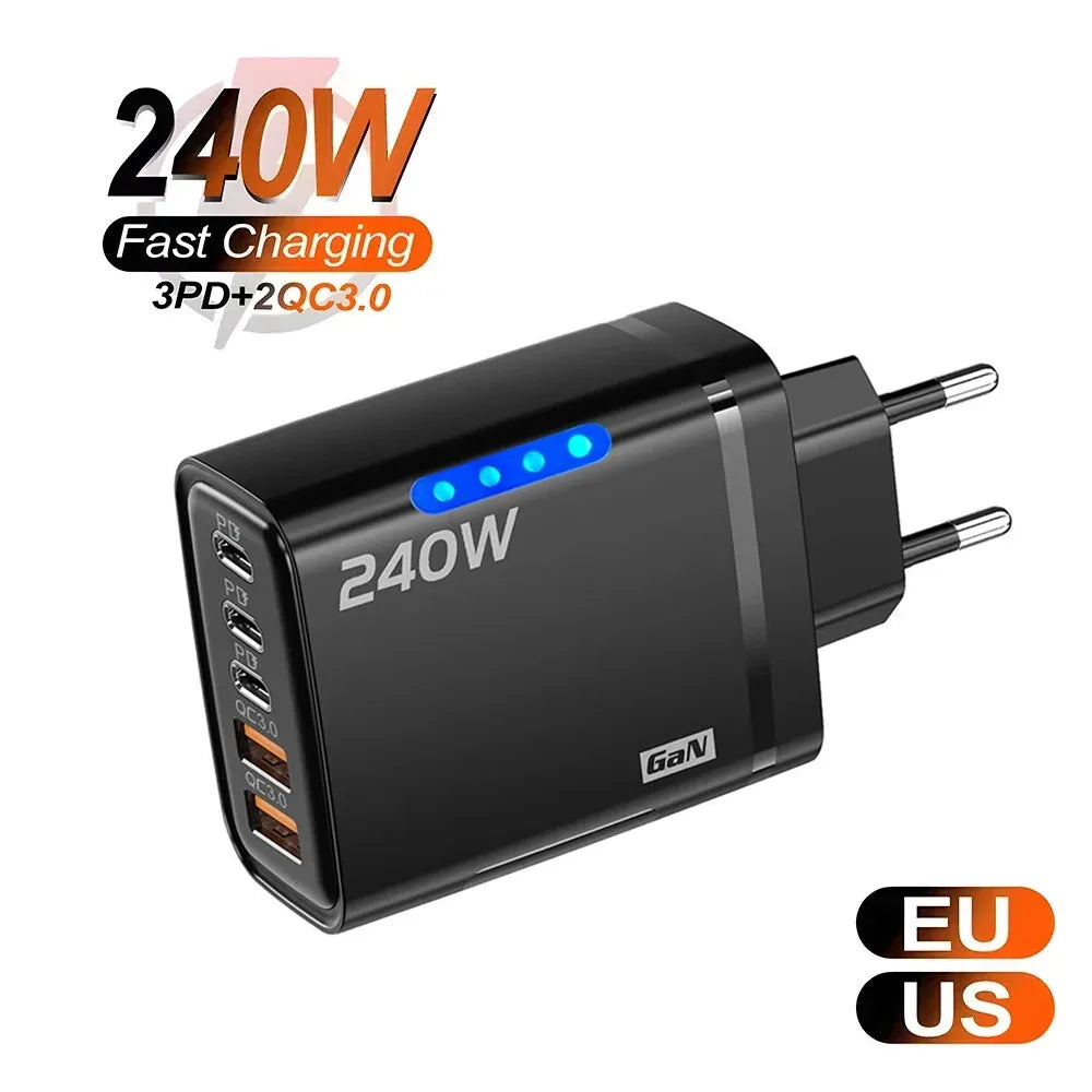 Cargador GaN USB-C 240W 5 en 1 – Carga Rápida para iPhone, Samsung y Xiaomi