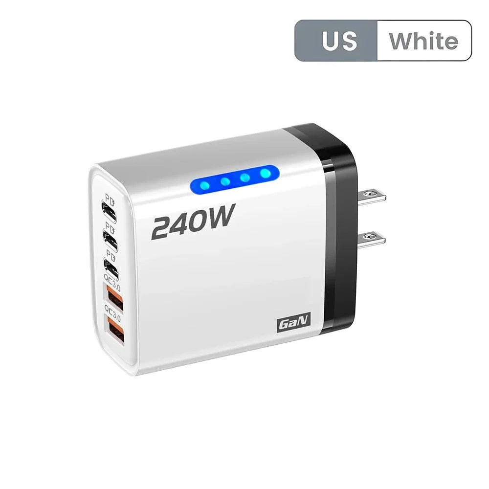 Cargador GaN USB-C 240W 5 en 1 – Carga Rápida para iPhone, Samsung y Xiaomi