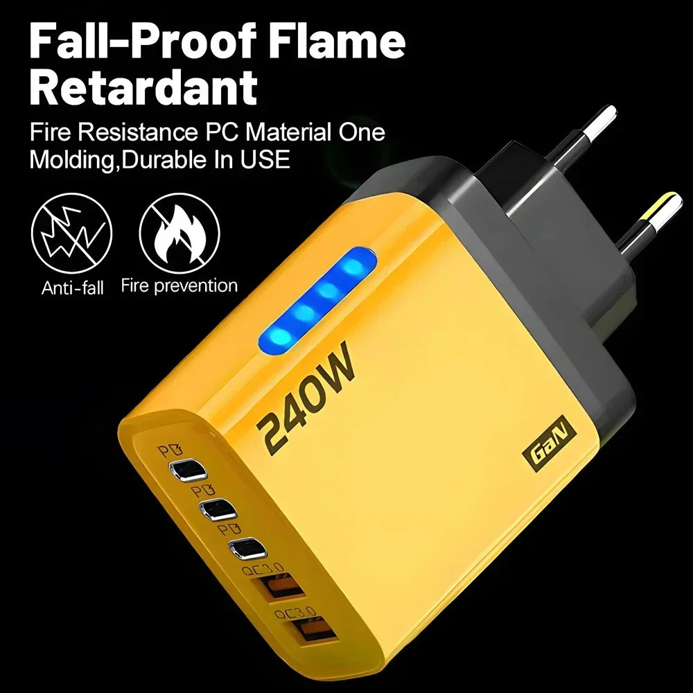 Cargador GaN USB-C 240W 5 en 1 – Carga Rápida para iPhone, Samsung y Xiaomi