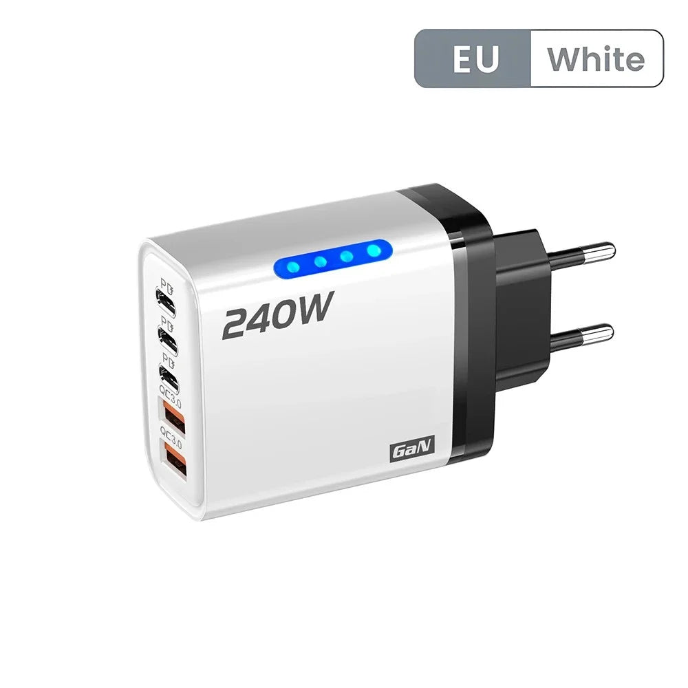 Cargador GaN USB-C 240W 5 en 1 – Carga Rápida para iPhone, Samsung y Xiaomi
