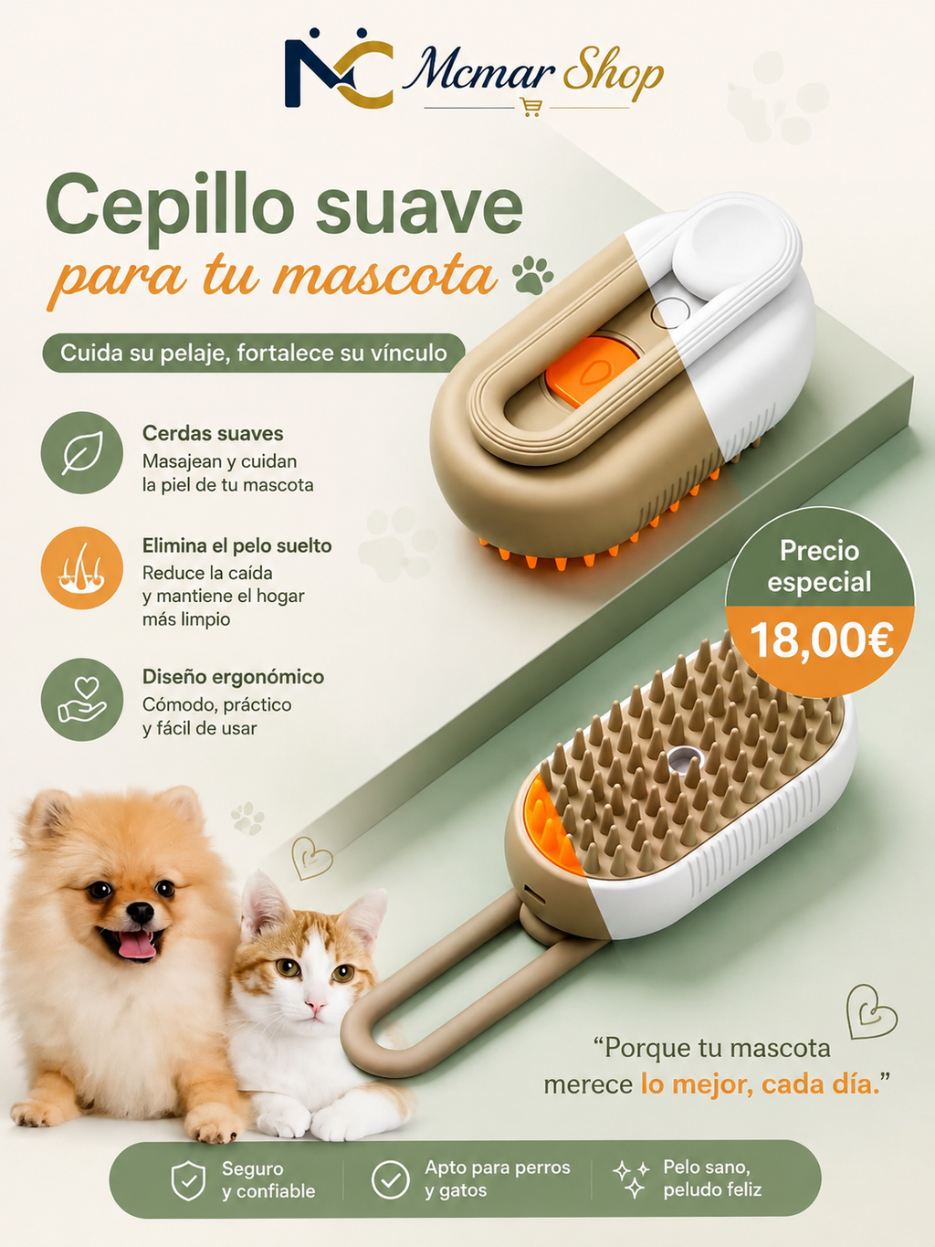 Cepillo de Vapor Multifuncional para Mascotas – Pack 2 Unidades