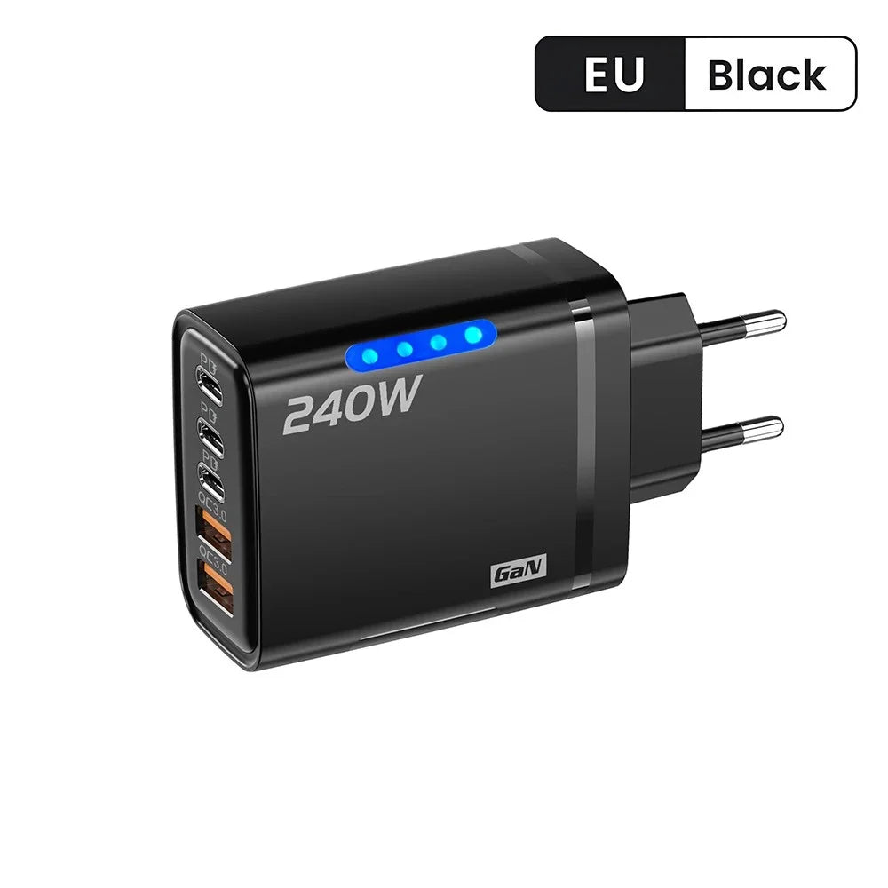 Cargador GaN USB-C 240W 5 en 1 – Carga Rápida para iPhone, Samsung y Xiaomi